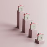 Illustration of declining housing prices with a visual representation of houses on progressively shorter pillars, symbolizing the potential drop in Ohio home values. EZ Sell Homebuyers logo included.