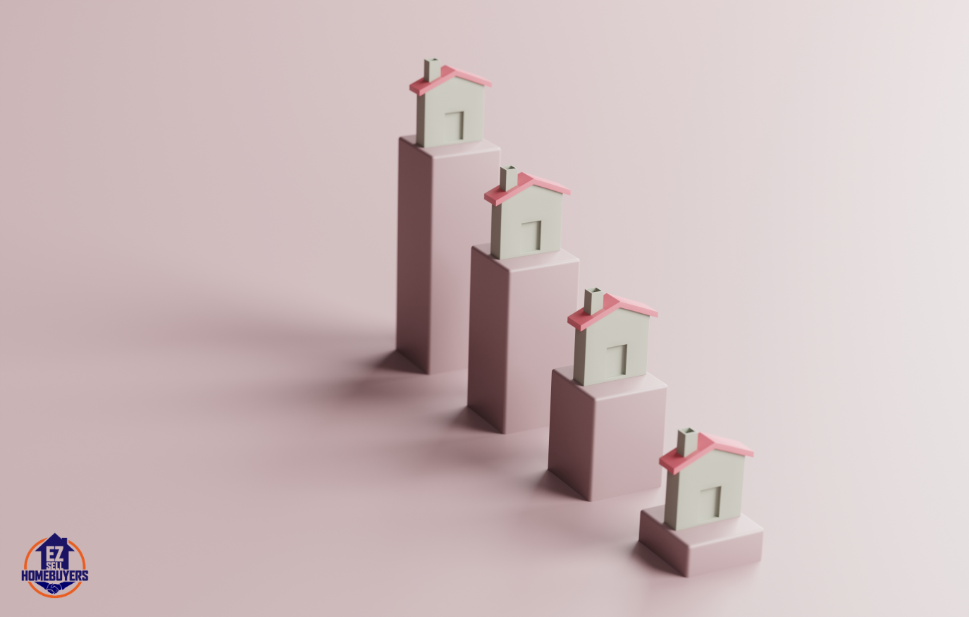 Illustration of declining housing prices with a visual representation of houses on progressively shorter pillars, symbolizing the potential drop in Ohio home values. EZ Sell Homebuyers logo included.