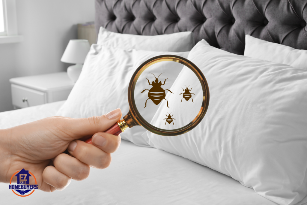 Close-up of bed bugs under a magnifying glass on a white bed pillow, illustrating pest inspection for selling a house with bed bugs in Ohio by EZ Sell Homebuyers.