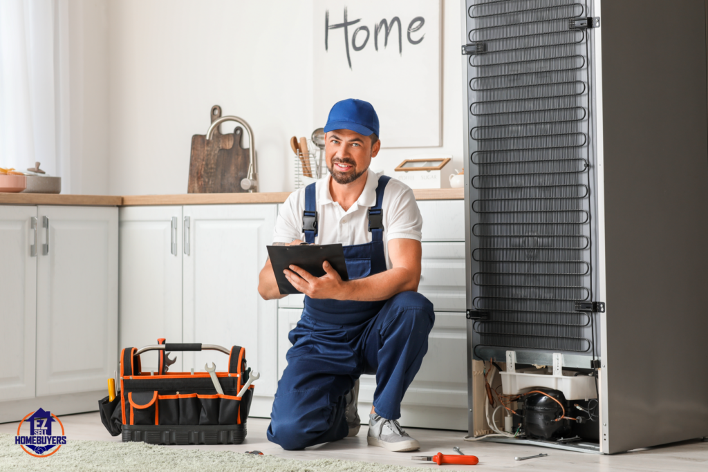 Home repair technician in Ohio assessing a refrigerator for repairs, representing charity and nonprofit assistance programs available for low-income homeowners. Image provided by EZ Sell Homebuyers.
