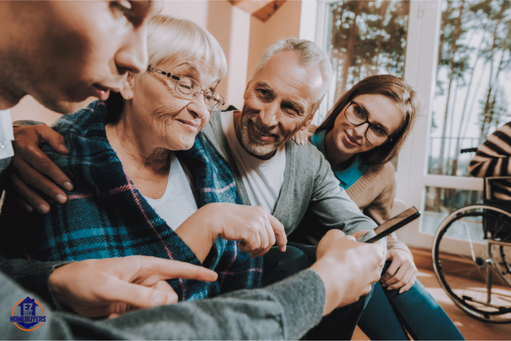 A family discussing plans to sell an inherited house after their parents' death in Ohio, highlighting teamwork and decision-making during the probate process, with the EZ Sell Homebuyers logo in the corner.