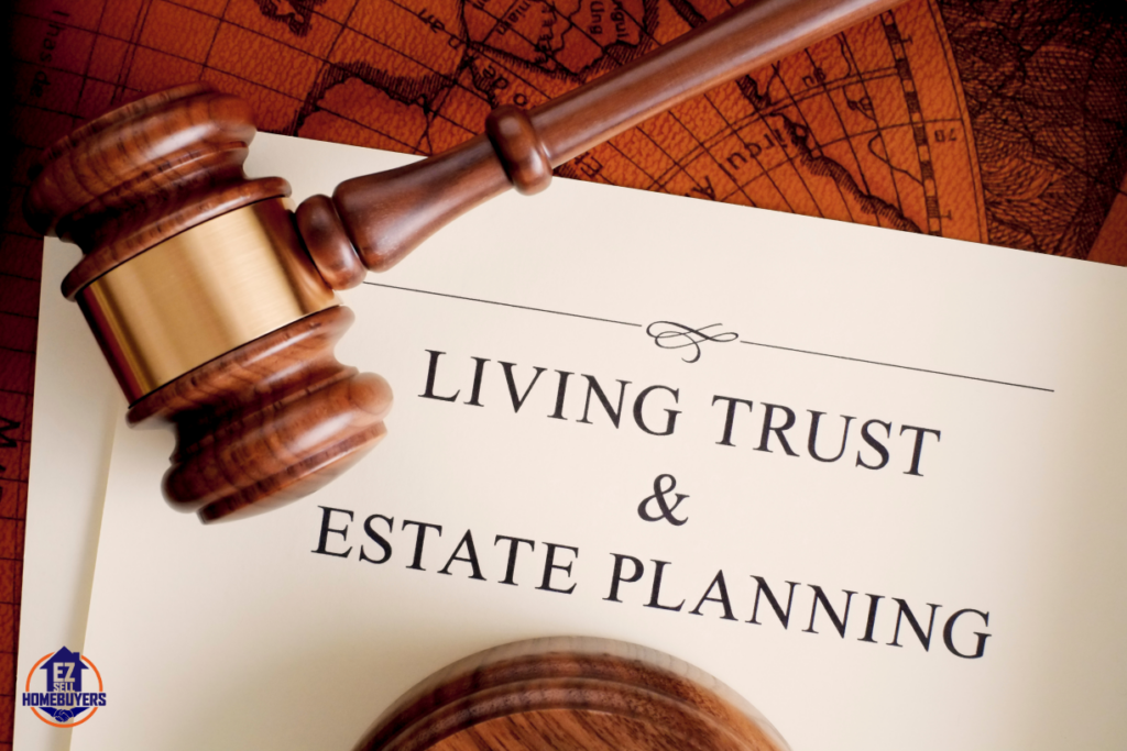 Wooden gavel resting on a document titled 'Living Trust & Estate Planning,' symbolizing the legal process of transferring property into a trust and estate management in Ohio.