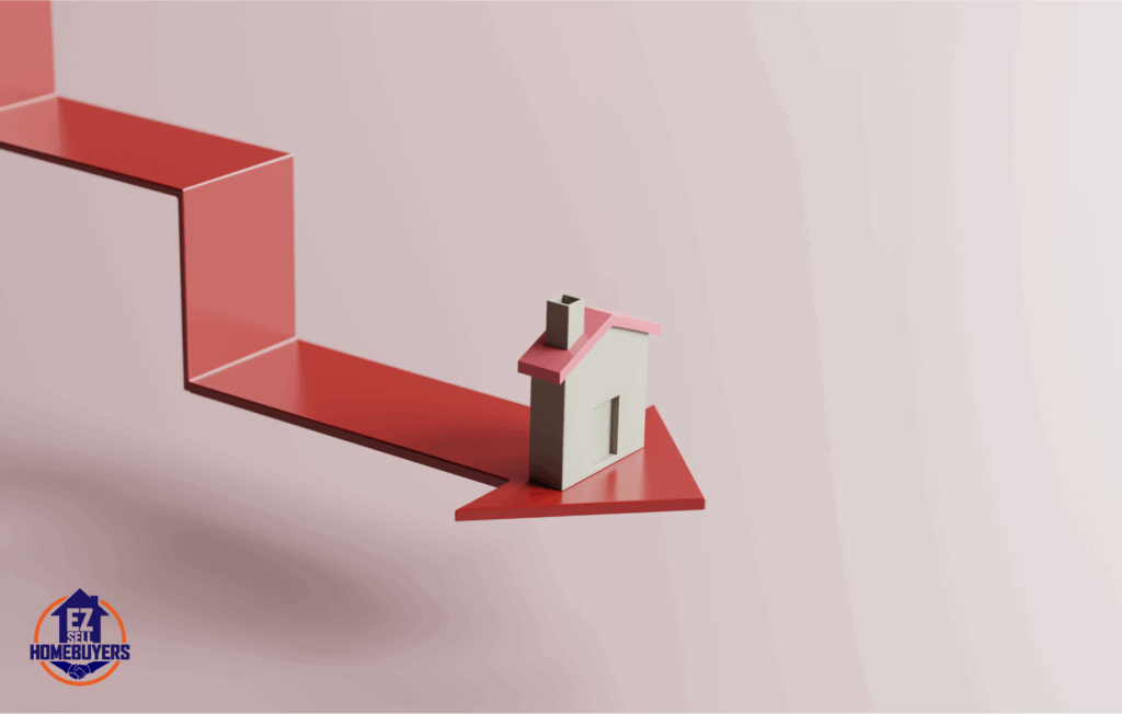 A small 3D house with a pink roof sits on a red, downward-pointing arrow with sharp zig-zag steps, symbolizing declining home values or a falling real estate market. The background is pale pink, and there is an “EZ Sell Homebuyers” logo in the lower left corner.