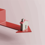 A small 3D house with a pink roof sits on a red, downward-pointing arrow with sharp zig-zag steps, symbolizing declining home values or a falling real estate market. The background is pale pink, and there is an “EZ Sell Homebuyers” logo in the lower left corner.