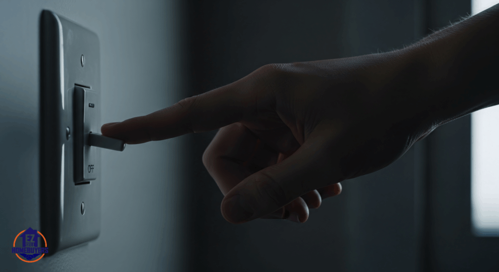 A worried tenant sitting in a dark room in Dayton, Ohio, with only faint daylight coming through the window power appears shut off.