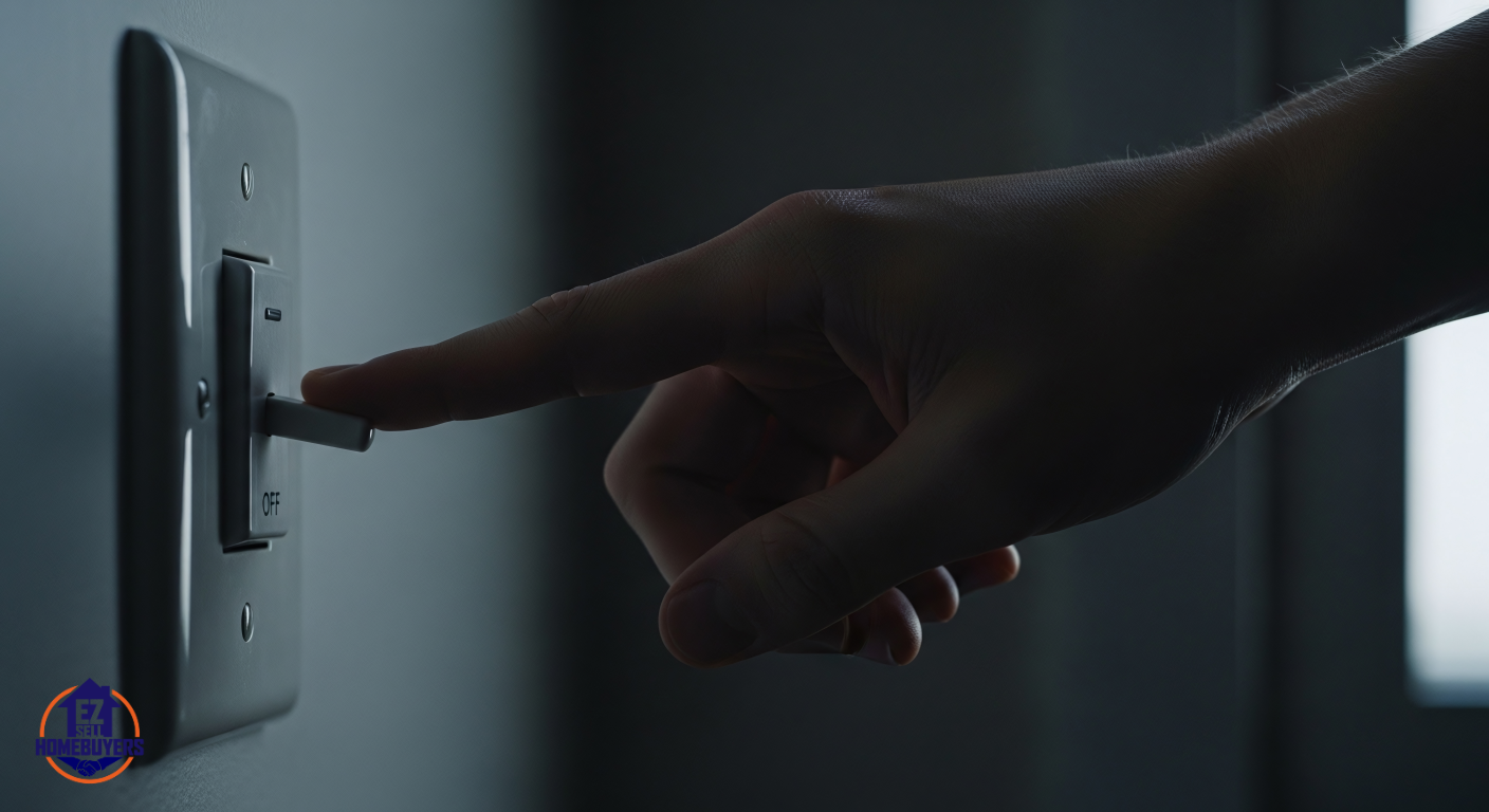 A worried tenant sitting in a dark room in Dayton, Ohio, with only faint daylight coming through the window power appears shut off.
