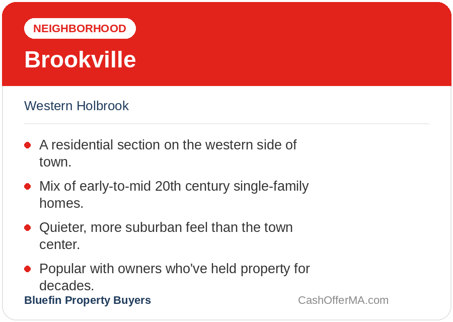 Brookville neighborhood card highlighting single-family homes in western Holbrook, MA