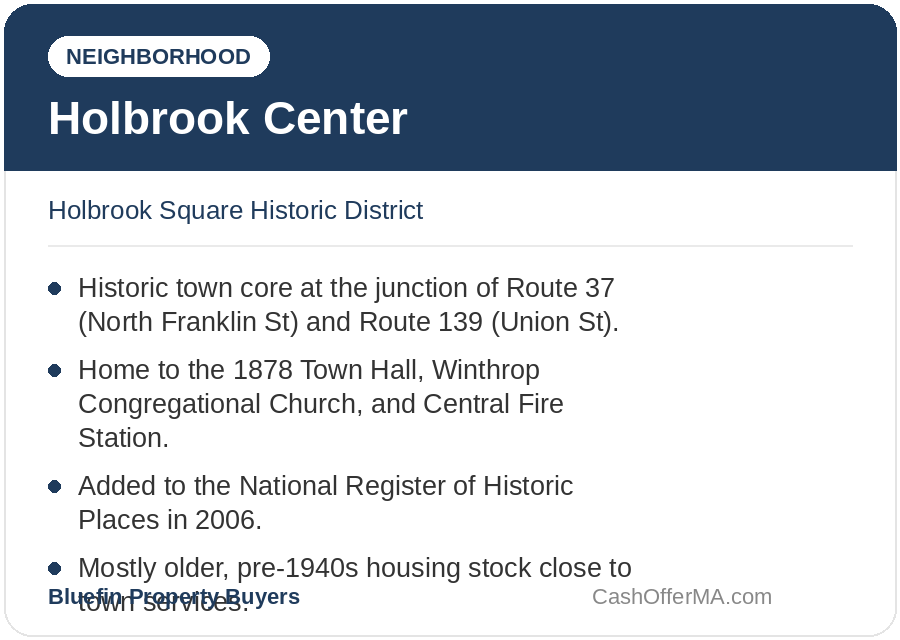Holbrook Center neighborhood card showing the Holbrook Square Historic District at Route 37 and Route 139 in Holbrook, MA