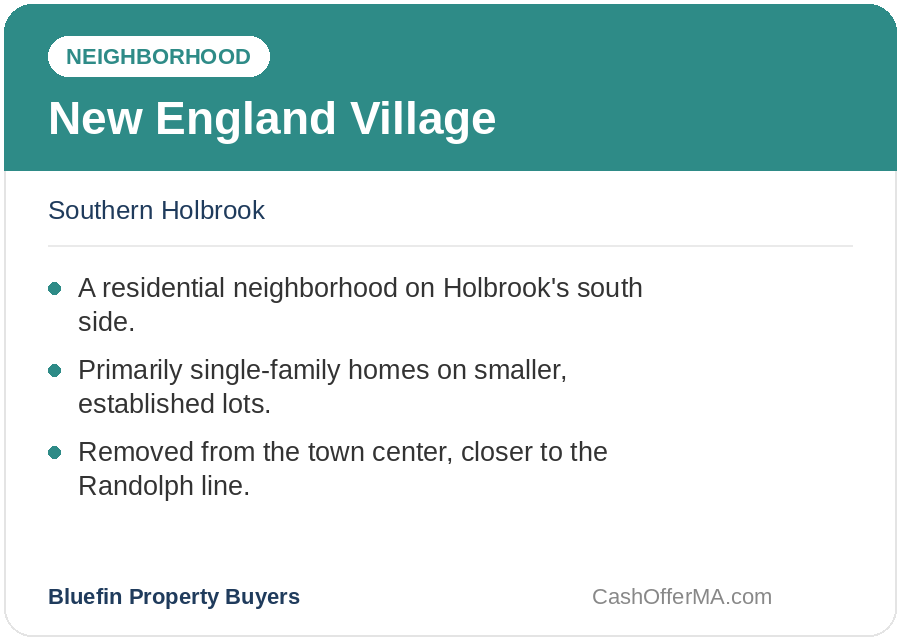 New England Village neighborhood card describing homes in southern Holbrook, MA near the Randolph line