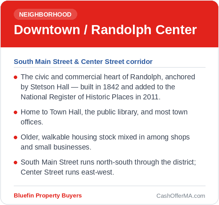 Downtown Randolph Center neighborhood card highlighting Stetson Hall, Town Hall, and the Main Street corridor in Randolph, MA