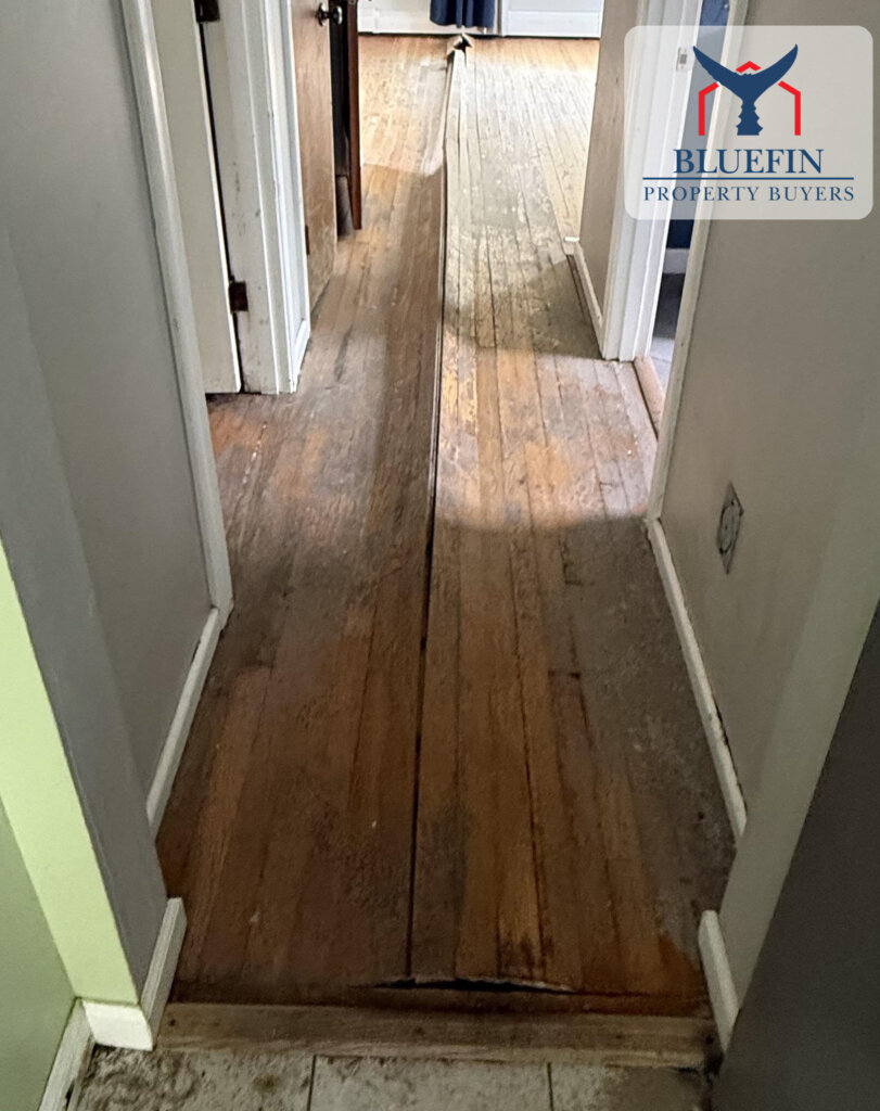 Water-damaged wide plank wood floor with cupped, stained boards in a Massachusetts hallway
