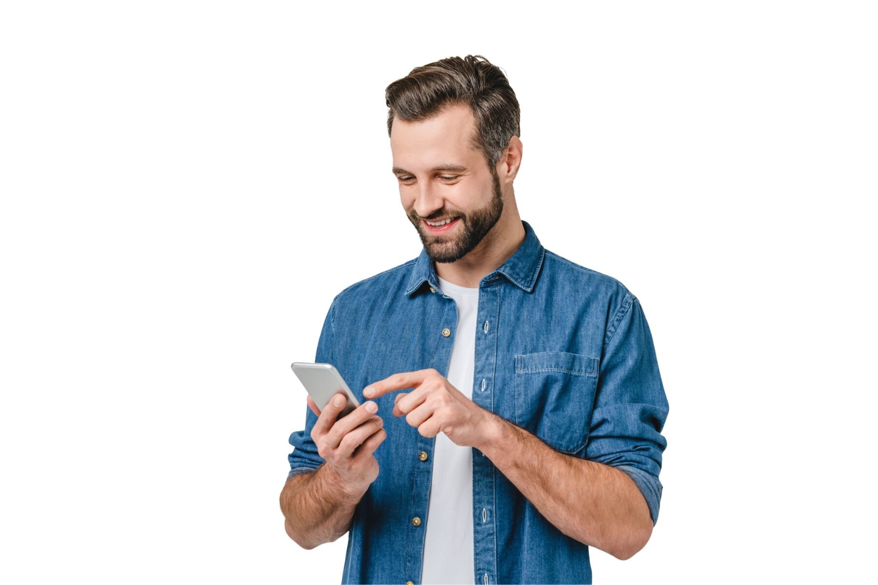 Man texting on his phone, representing easy ways to contact our real estate team by phone, email, or DM.