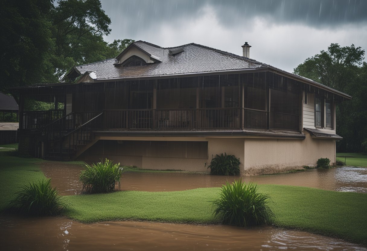 A Texas home with heavy rain pouring off the roof, causing erosion around the foundation