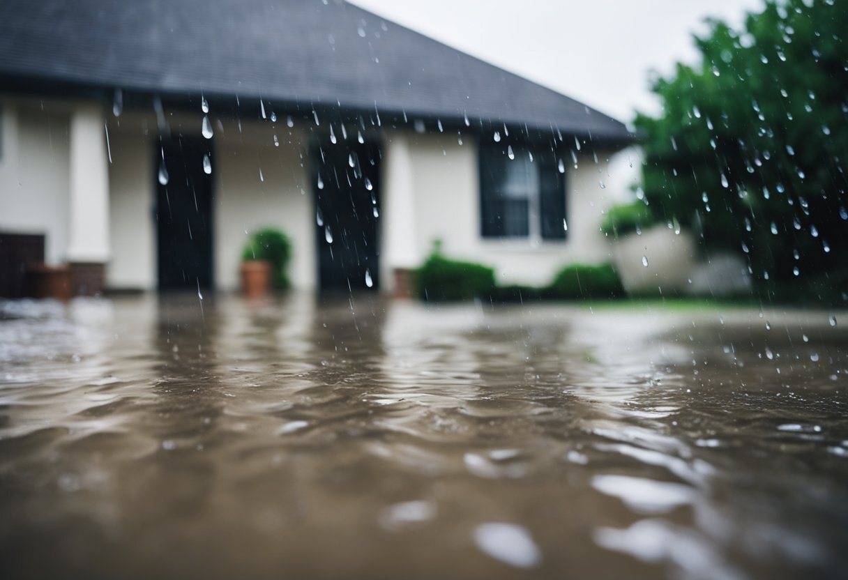 A heavy rainstorm pours down on a Texas home, causing water to cascade off the roof and pool around the foundation, highlighting the need for gutters to protect the home