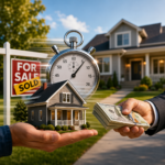A homeowner exchanges a model house for cash in front of a suburban home with a large stopwatch and “Sold” real estate sign, symbolizing a fast home sale in any market.
