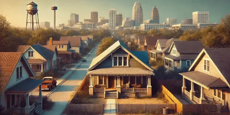 Suburban neighborhood in Texas with houses and skyline, properties for cash buyers.