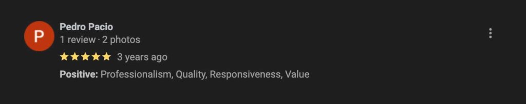 Pedro Pacio 5-star google review