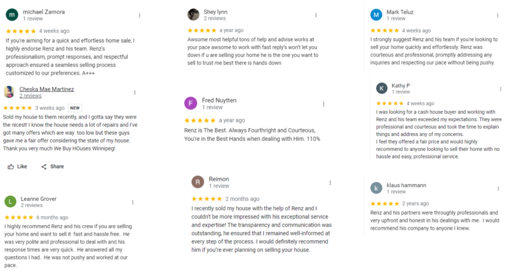 Customer Testimonials for We Buy Houses: Collage of Google Reviews showcasing 5-star ratings from satisfied clients, emphasizing our trusted and efficient home buying service.
