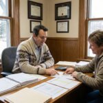 Accountant reviewing documents with homeowner at desk