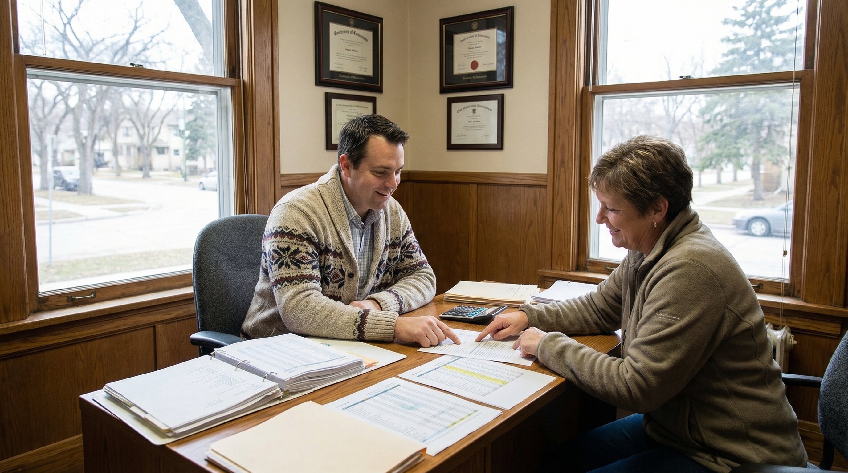 Accountant reviewing documents with homeowner at desk
