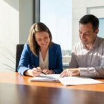 Two people reviewing real estate closing documents at a table