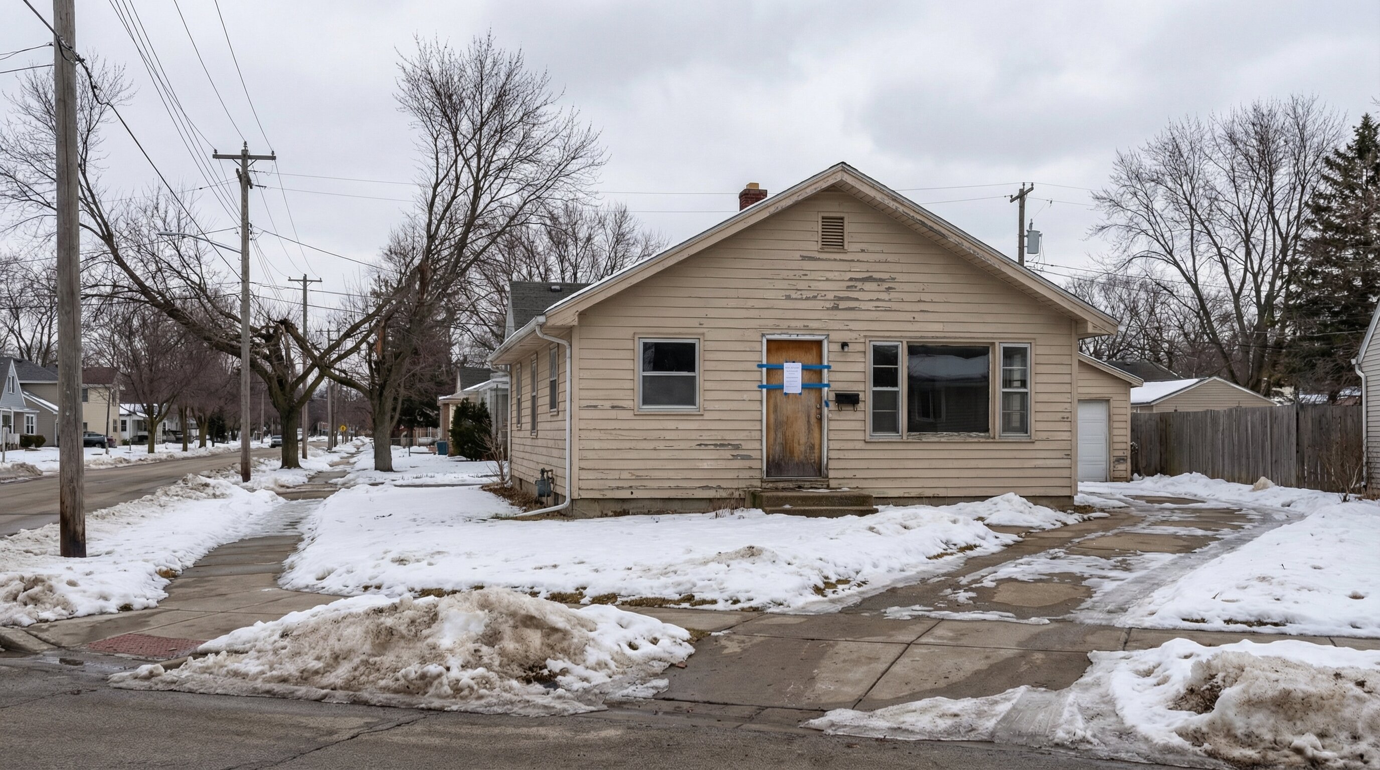 Winnipeg home exterior in winter with government notice on door