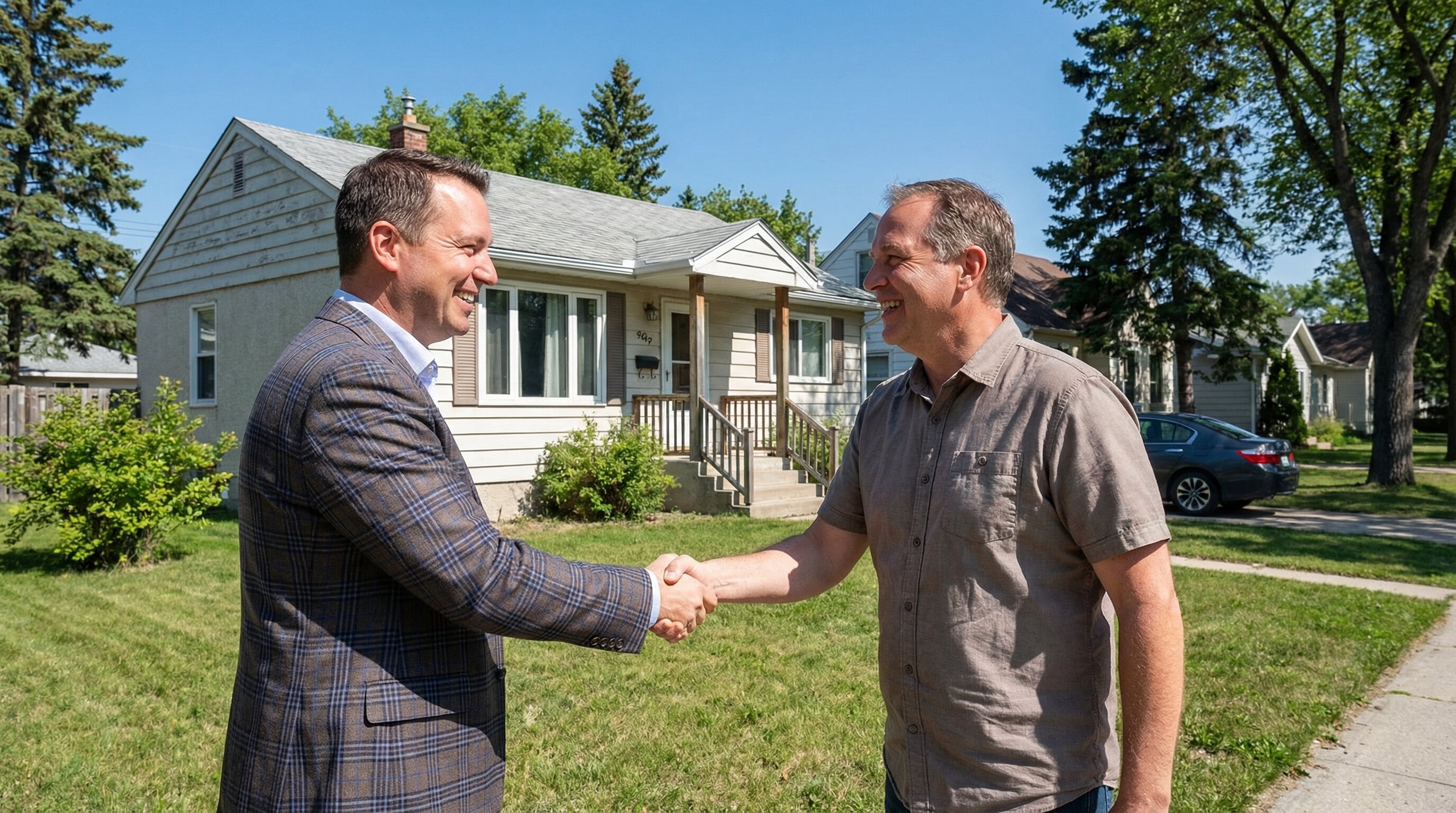 Homeowner and cash buyer shaking hands in front of house after sale
