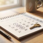 Calendar with dates circled and house key representing fast closing timeline