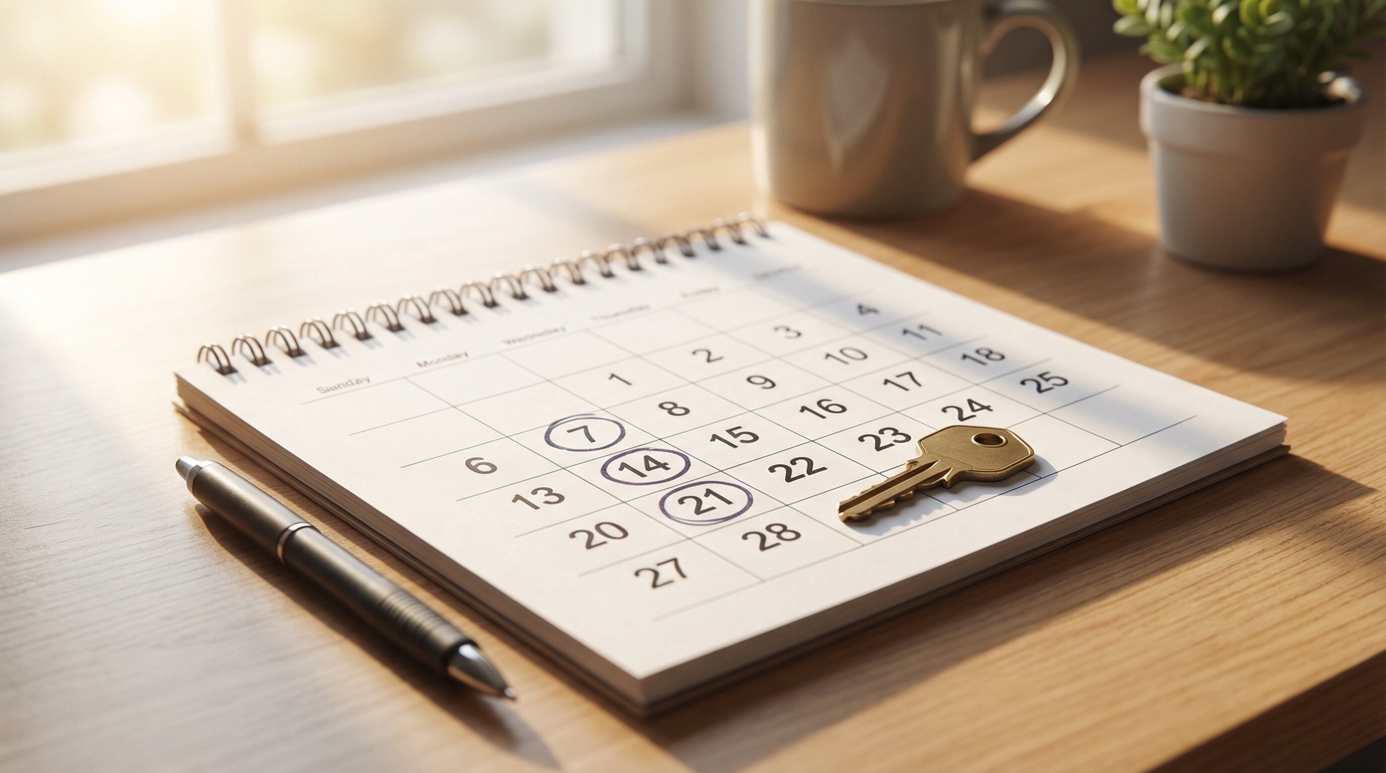 Calendar with dates circled and house key representing fast closing timeline