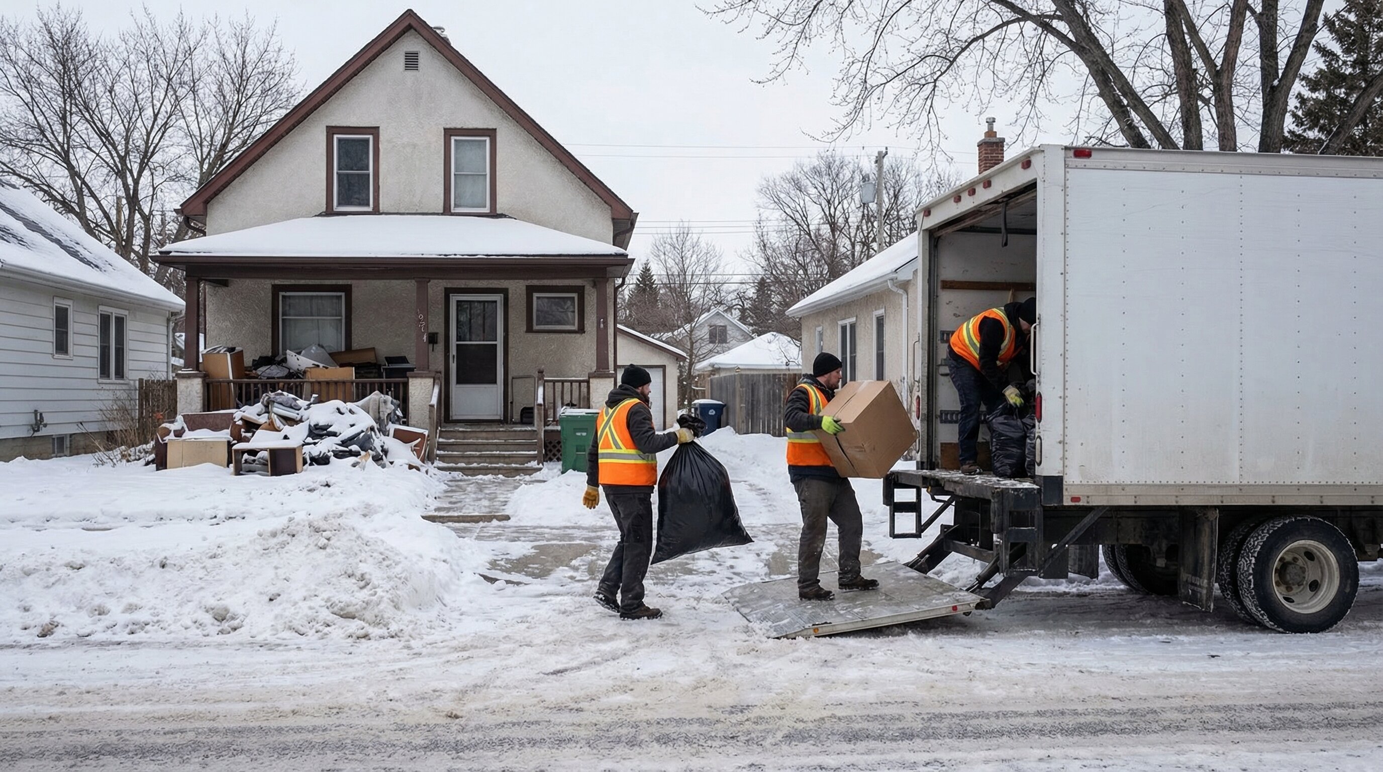 Junk removal team clearing a hoarder house in Winnipeg