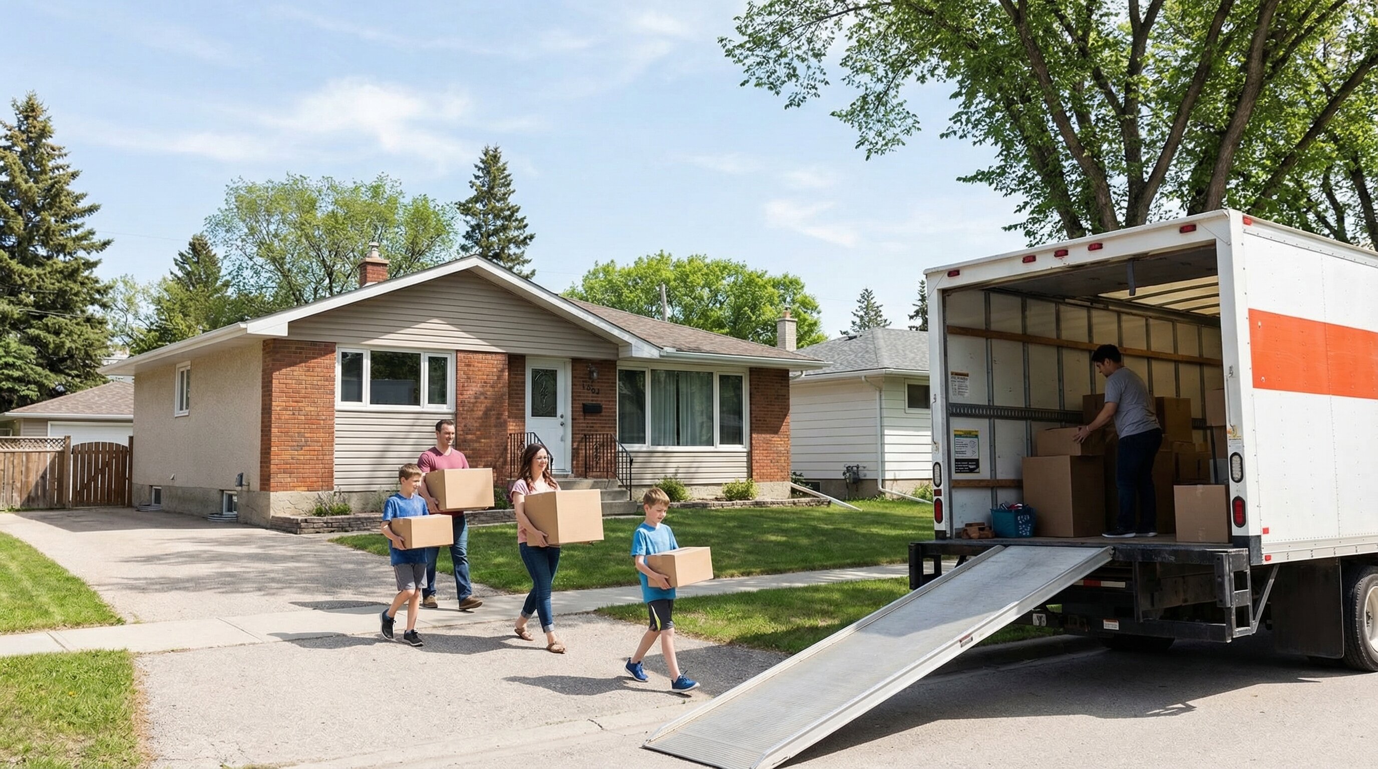 Family carrying boxes out of Winnipeg house to moving truck