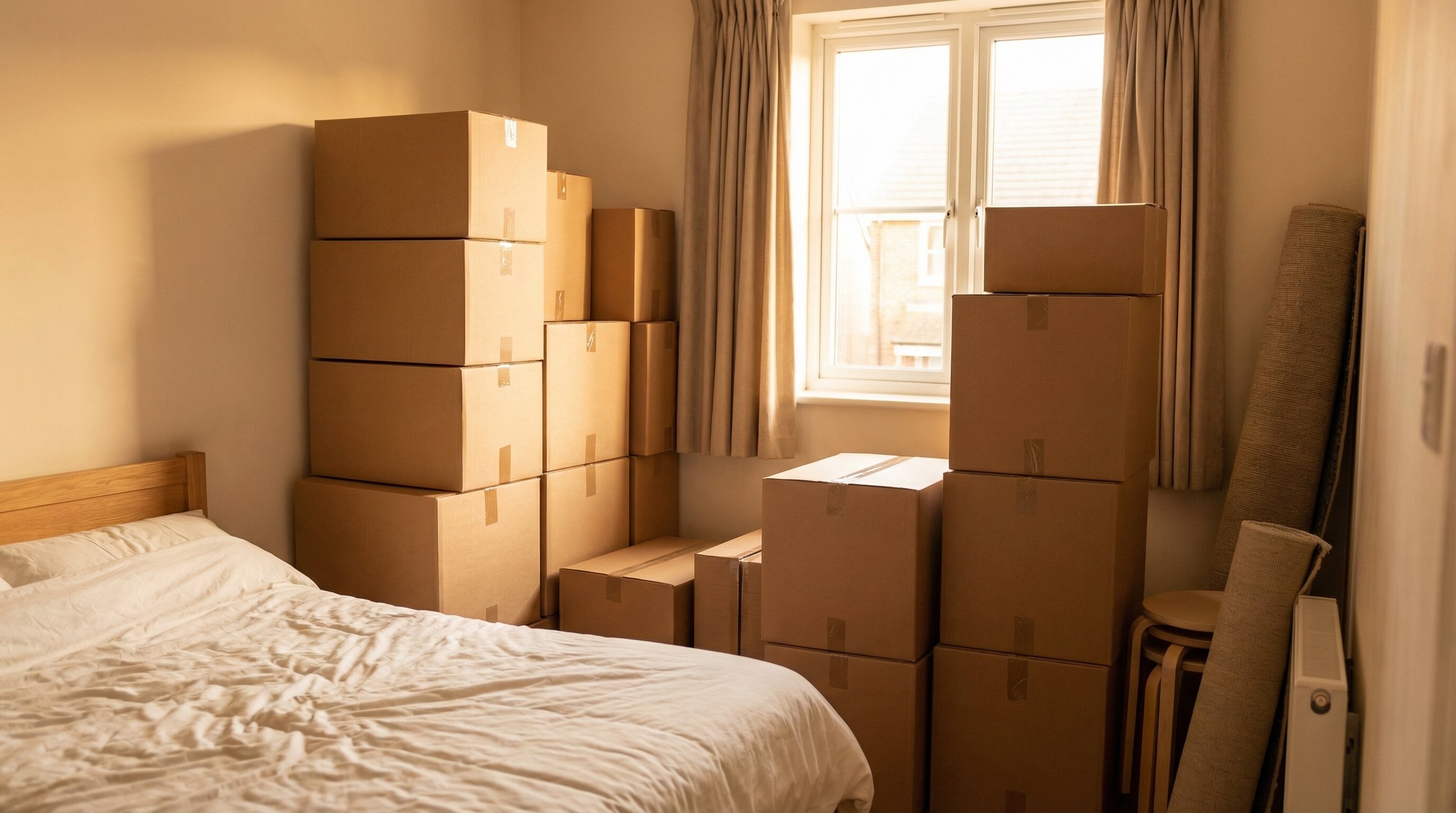 Packed cardboard moving boxes neatly stacked in a bedroom