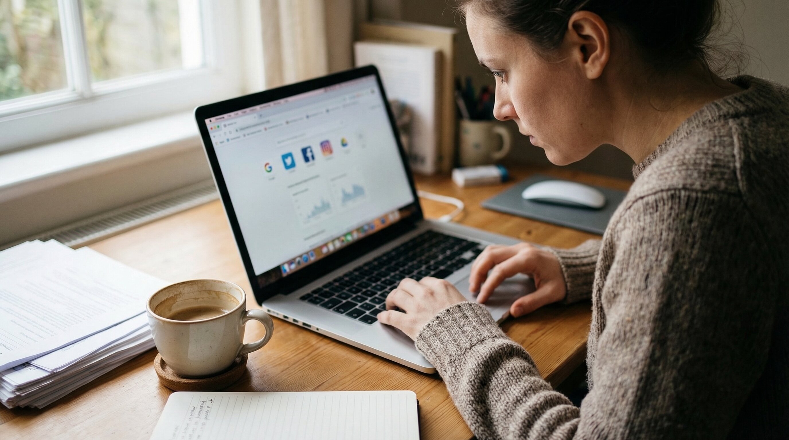 Person on laptop searching for business reviews and credentials