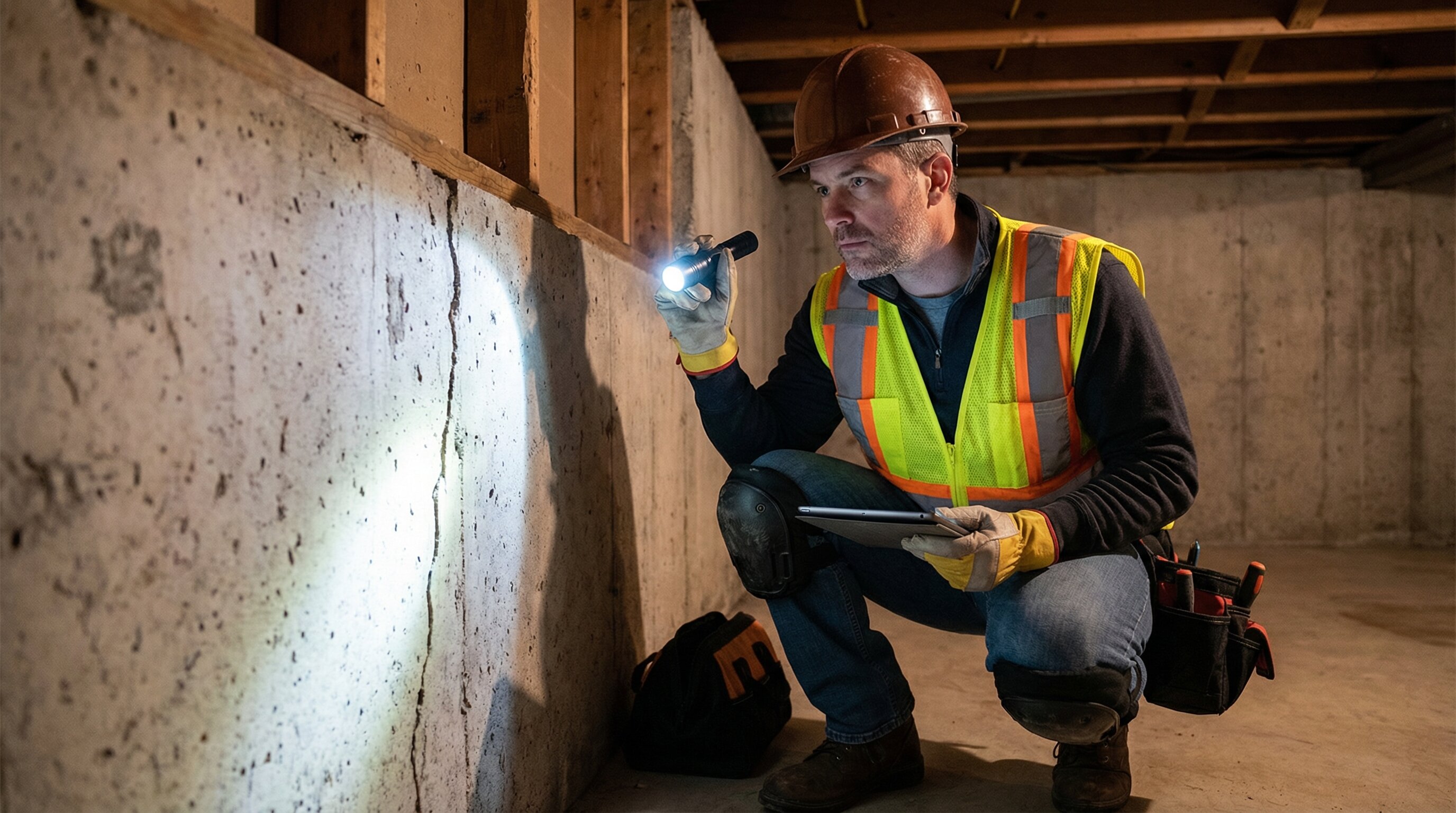 Home inspector examining foundation with flashlight in basement