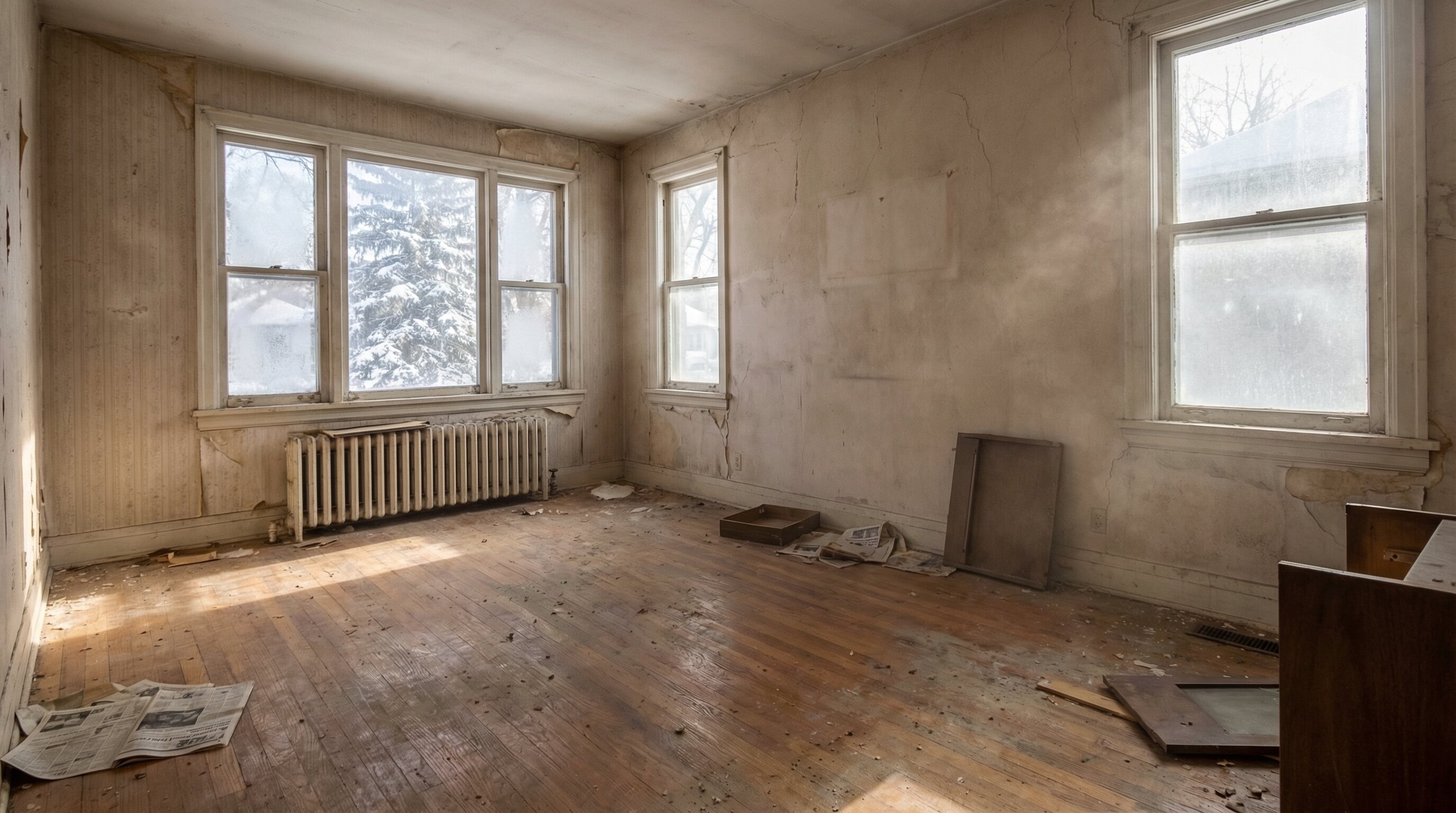 Empty vacant Winnipeg house interior with bare walls and dusty floors