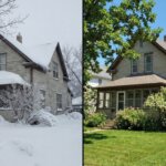 Split image comparison of Winnipeg house in winter vs summer