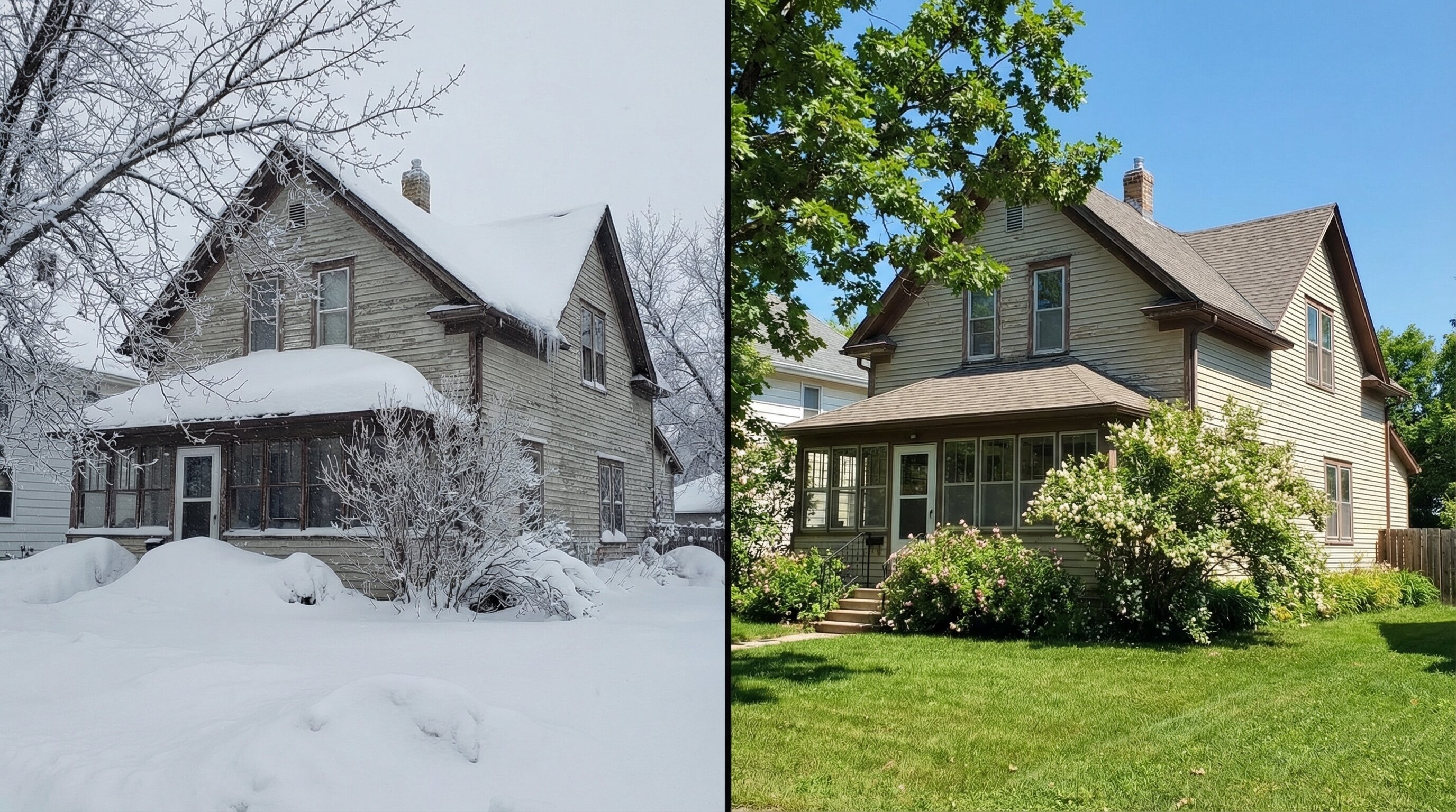 Split image comparison of Winnipeg house in winter vs summer