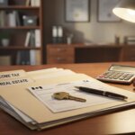 Tax documents and house key on desk - home sale tax concept