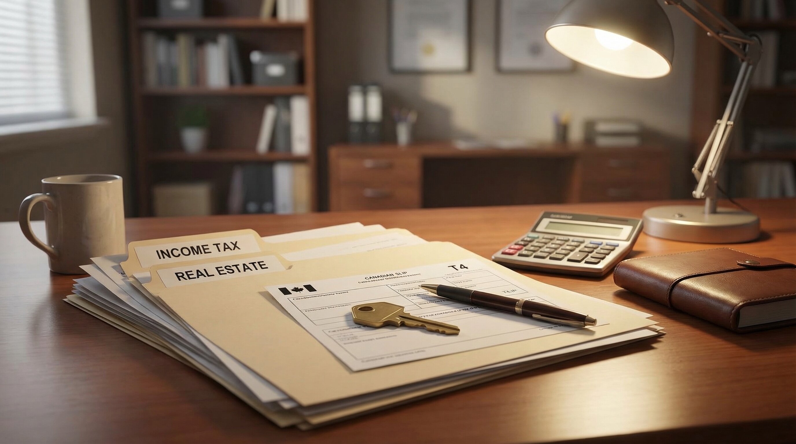 Tax documents and house key on desk - home sale tax concept