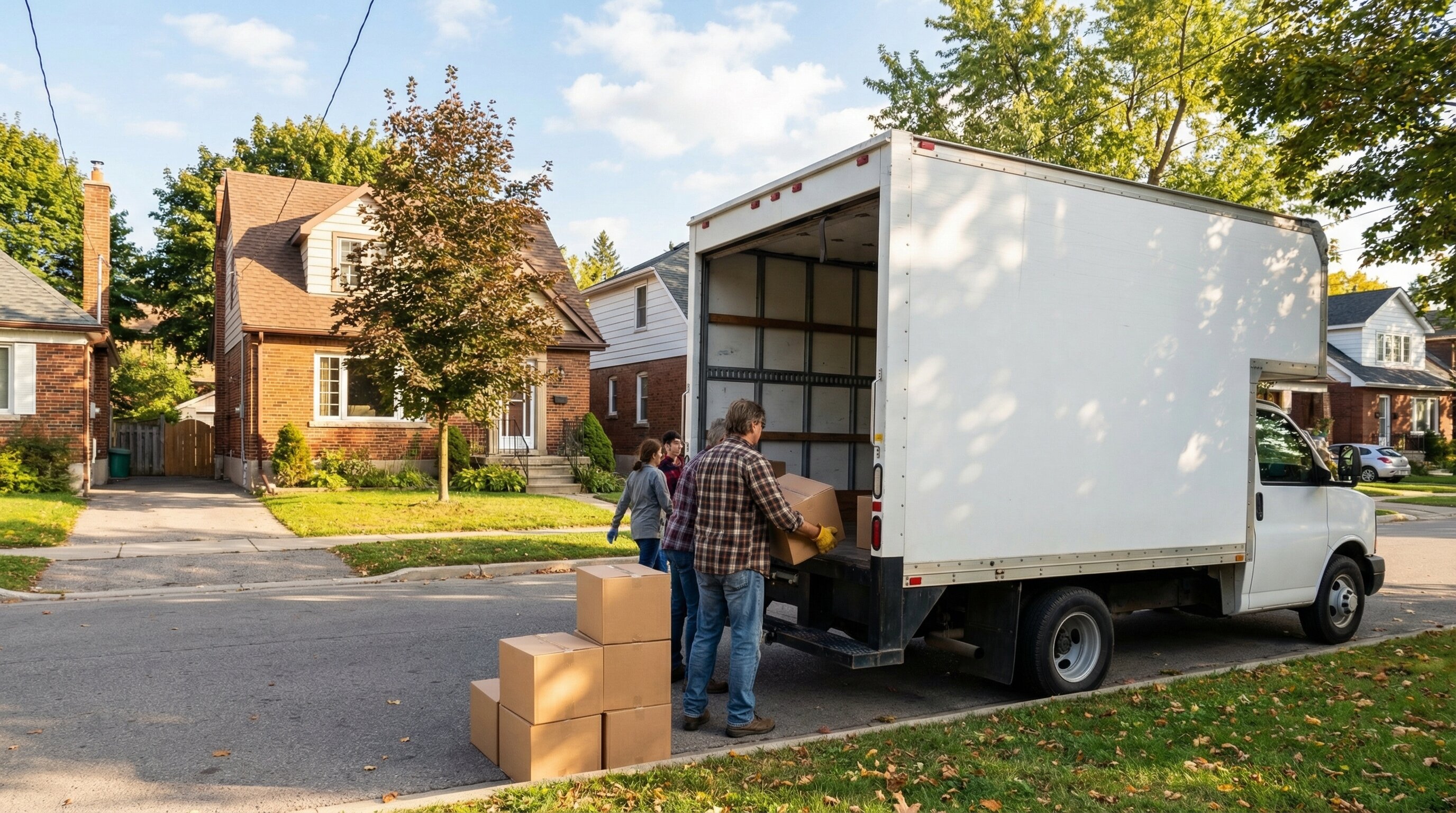 Donation truck parked outside suburban house with volunteer loading boxes