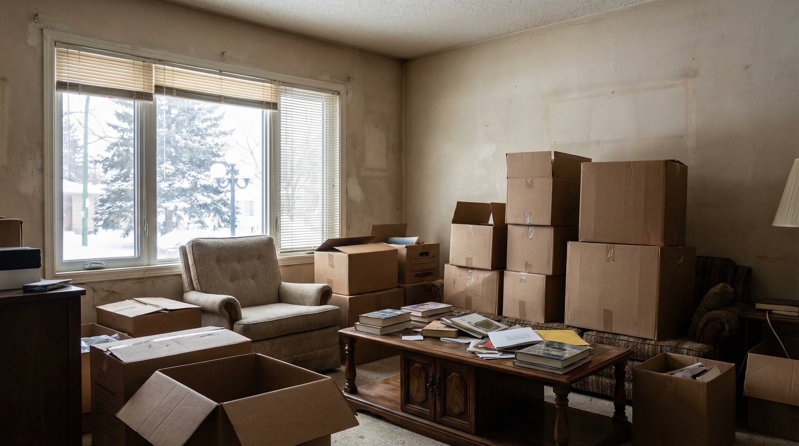 Cluttered Winnipeg home interior with boxes being cleared out