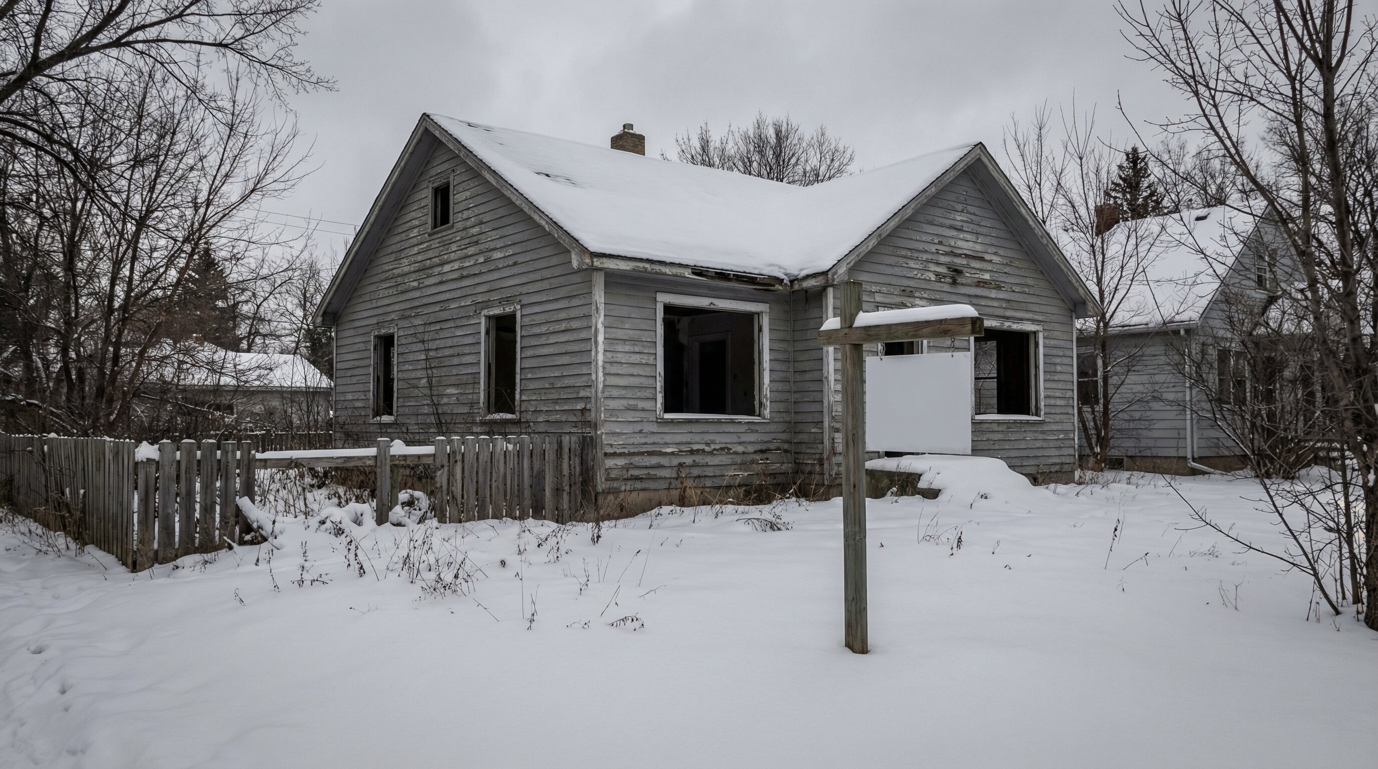 Exterior of vacant Winnipeg house in winter with snow