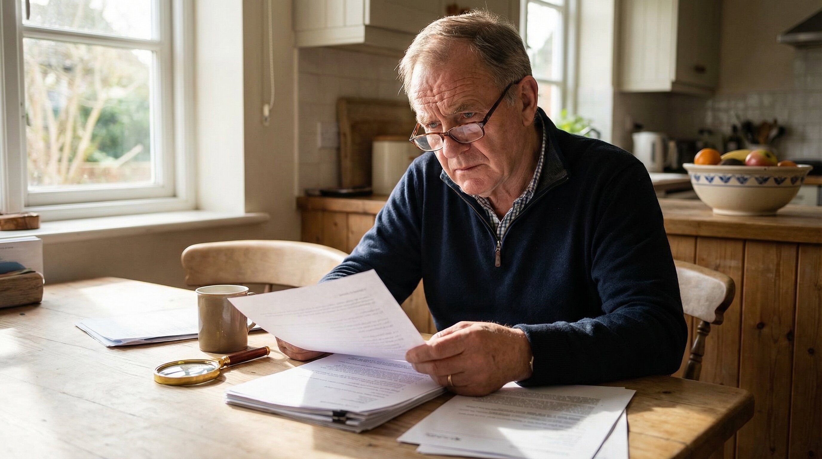 Homeowner carefully reading real estate contract document