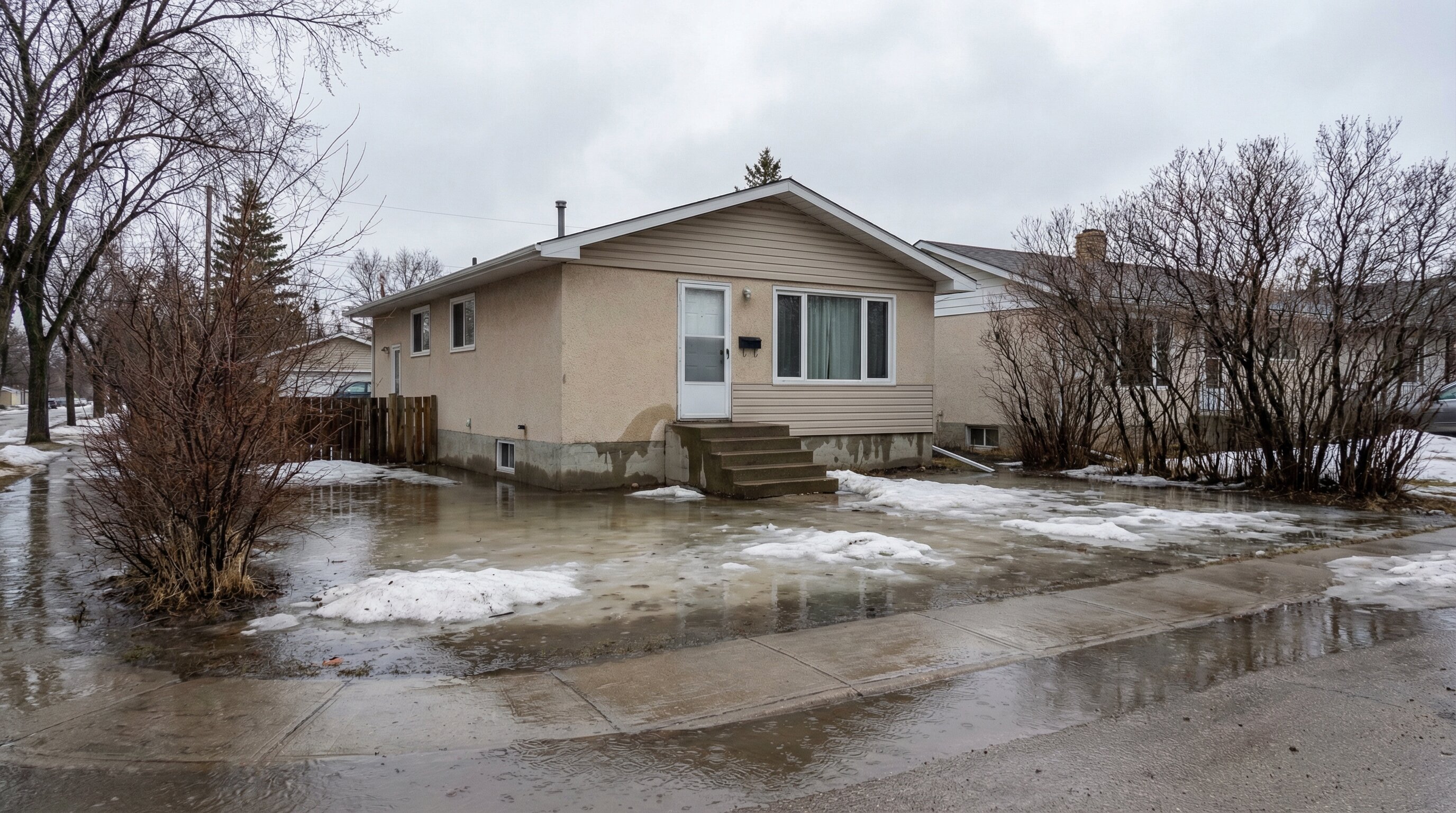 Winnipeg home surrounded by spring flood water showing foundation water damage