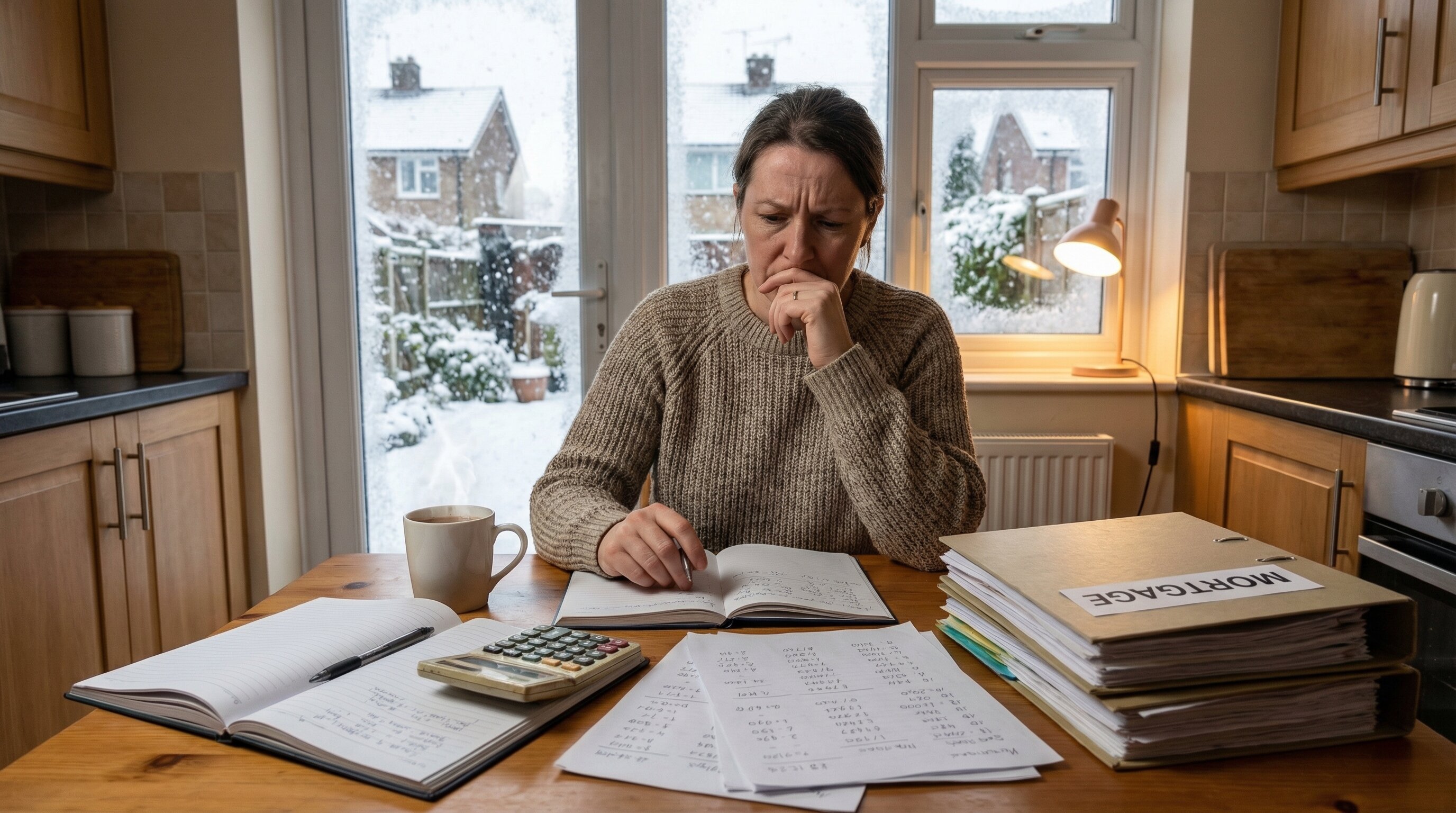 Person doing financial calculations at kitchen table in winter