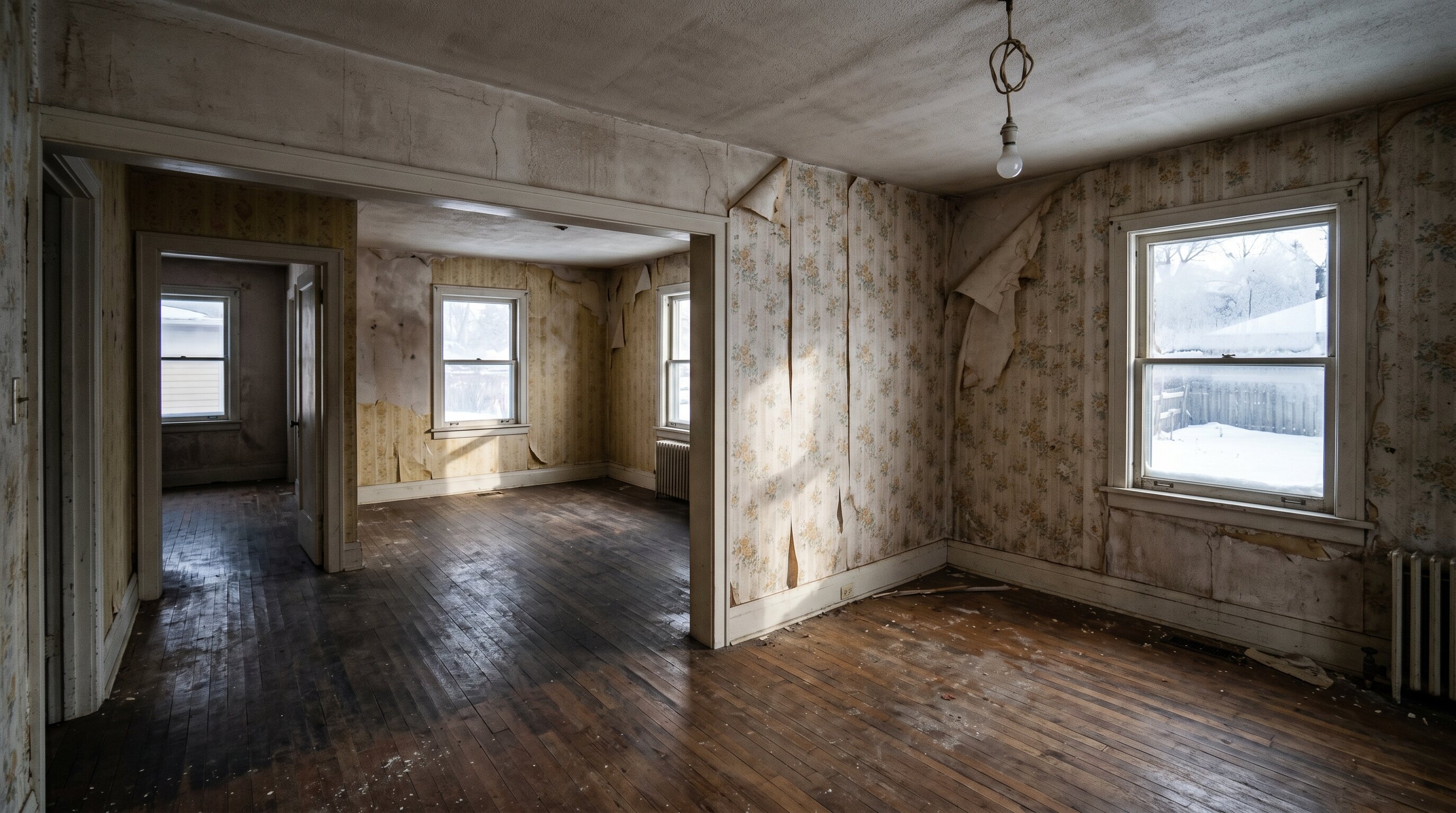 Empty abandoned house interior in Winnipeg — bare floors, peeling wallpaper, winter light through windows