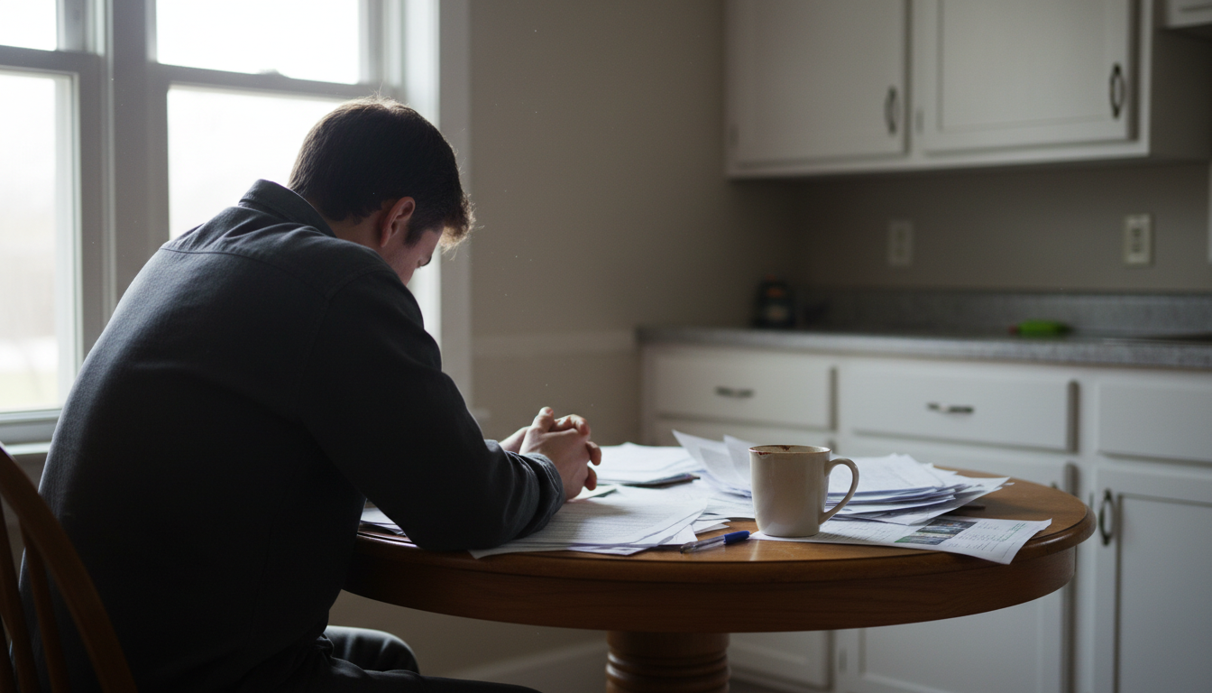 Winnipeg homeowner reviewing mold disclosure documents at kitchen table