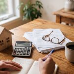 Calculator, house model and financial papers on a kitchen table for estimating capital gains tax in Manitoba