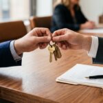 Two hands exchanging house keys over documents at a cash home sale closing table in Winnipeg
