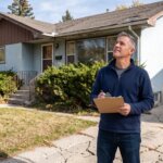 Professional cash home buyer with a clipboard assessing an older Winnipeg bungalow from the driveway